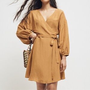 MADEWELL Linen Blend Balloon Sleeve Mustard Wrap Dress